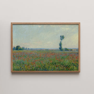 Painting of a vibrant field with red flowers under a blue sky, framed in light wood.