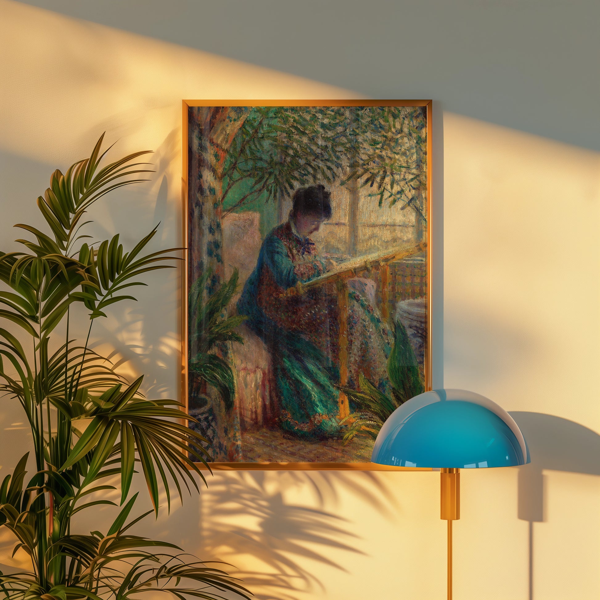 A colorful painting of a woman in a green dress sitting under a leafy tree, framed and displayed on a wall next to a modern blue lamp and a potted plant.