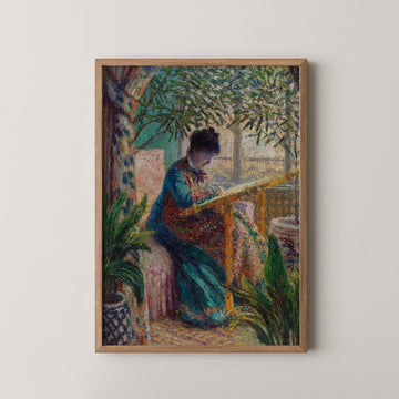 Painting of a woman seated in a lush interior, surrounded by plants, engrossed in needlework, with vibrant colors and a wooden frame.