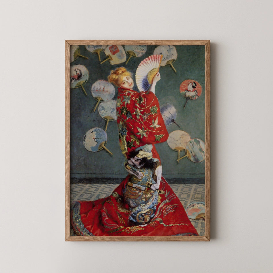 Painting of a woman dressed in a vibrant red kimono holding a fan, with traditional Japanese folding fans displayed in the background.