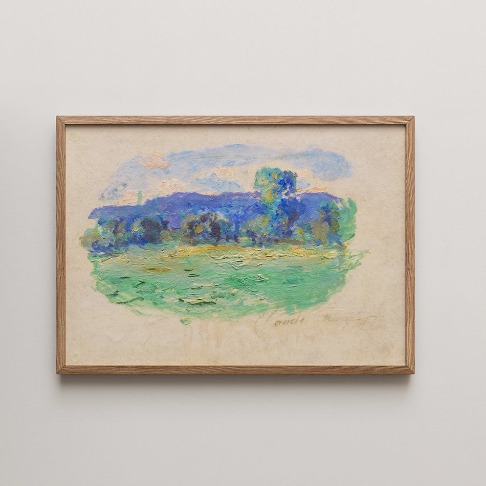 Painting of a landscape with vibrant green fields and blue hills, framed in natural wood.