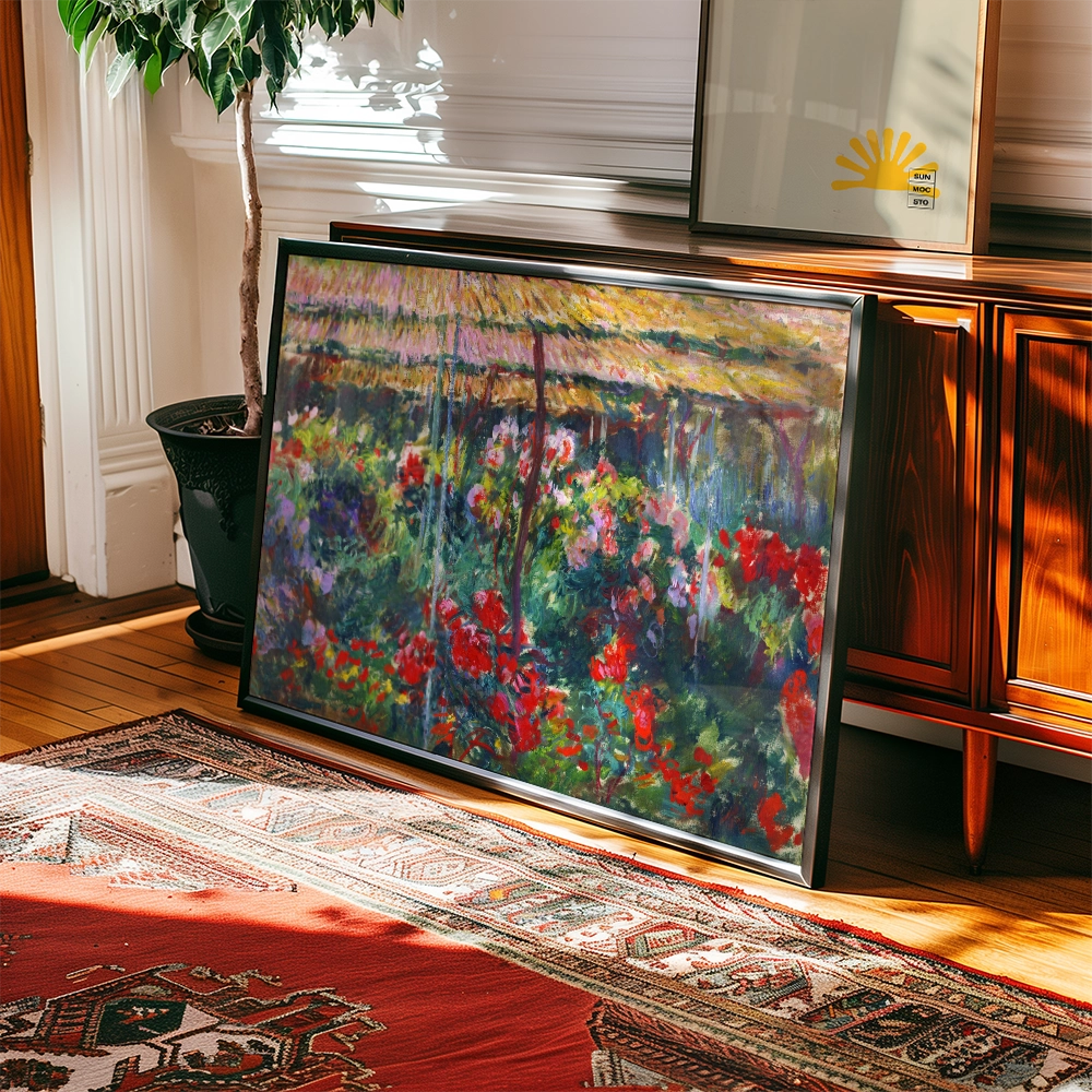 Framed painting featuring a vibrant floral landscape with red and purple flowers, leaning against a wooden console in a sunlit room.