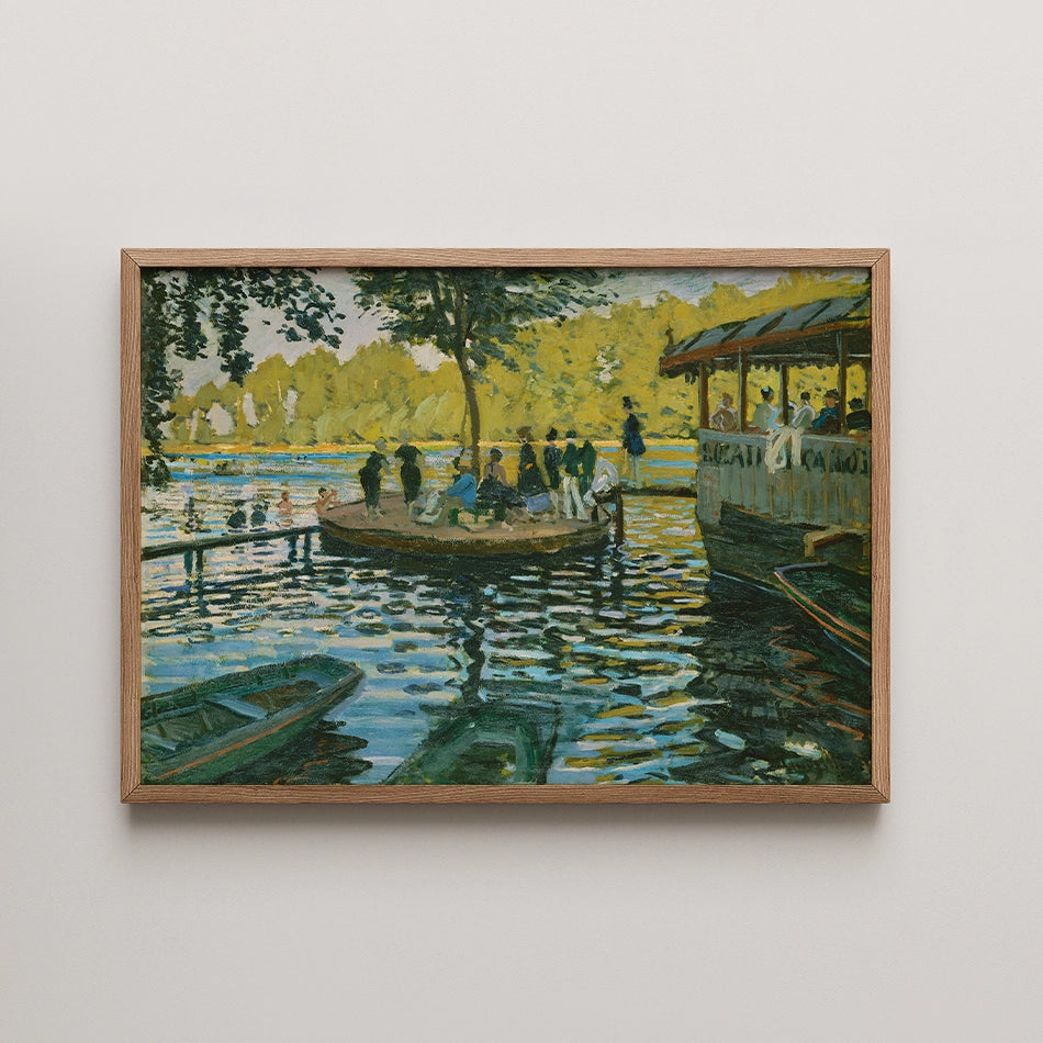 Framed painting of people socializing on a boat and along the water's edge surrounded by lush greenery.