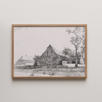 Framed black and white sketch of rustic farmhouses surrounded by trees and a grassy landscape.