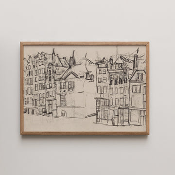 Sketch of urban buildings in a wooden frame, showcasing architectural details and a monochrome color scheme.