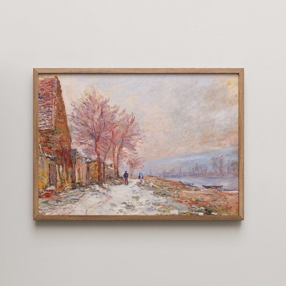 Framed painting depicting a serene landscape with pink trees, a river, and two figures walking along a path.