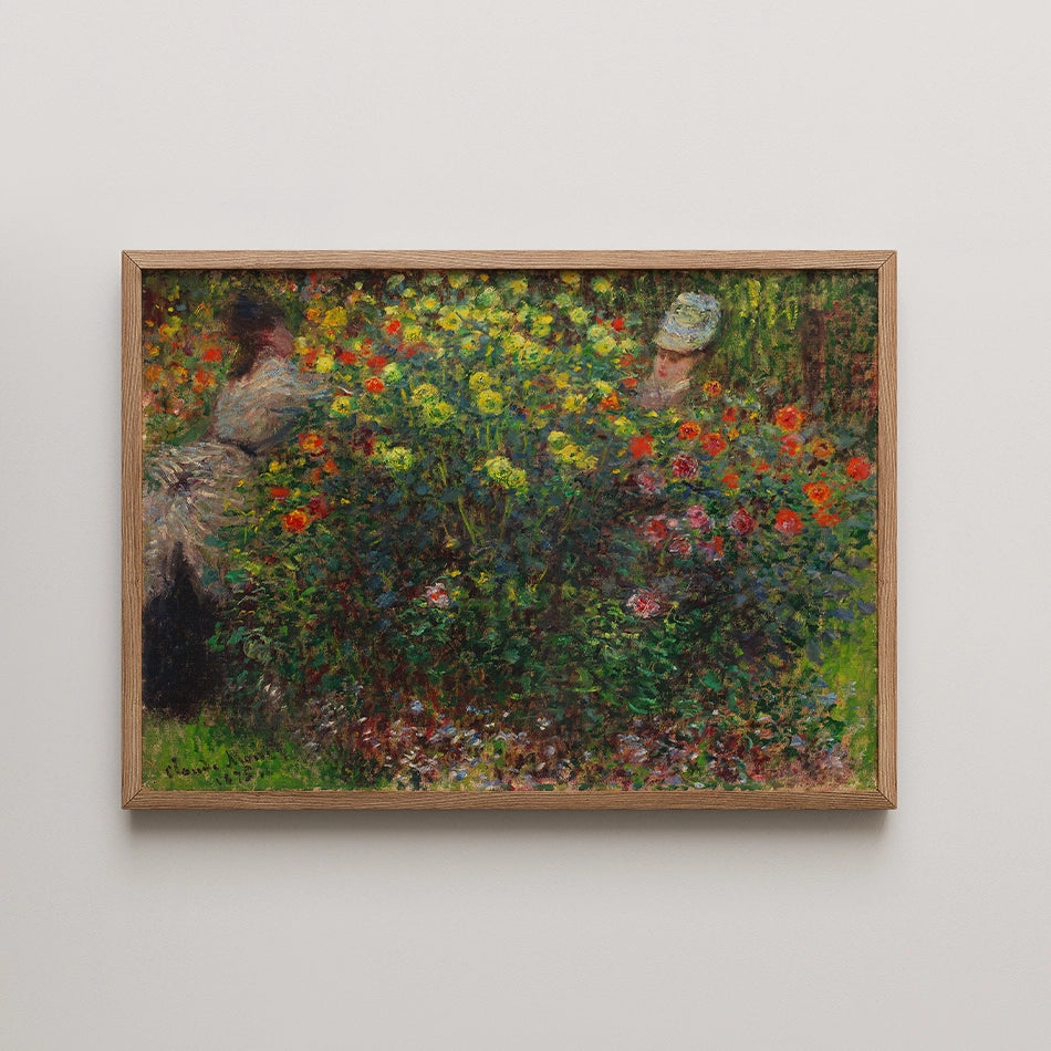 Framed painting of two figures partially obscured by a colorful flower garden, featuring vibrant blooms in shades of red, yellow, and pink.