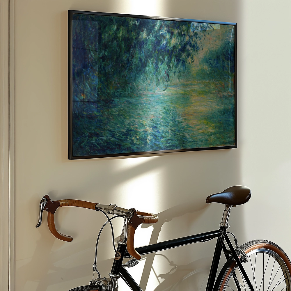 A vibrant painting featuring a tranquil landscape, framed and hanging on a wall beside a vintage black bicycle with brown leather accents.