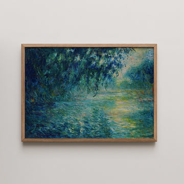 Framed painting featuring an impressionistic depiction of a serene water scene with lush greenery and reflections in shades of blue and green.