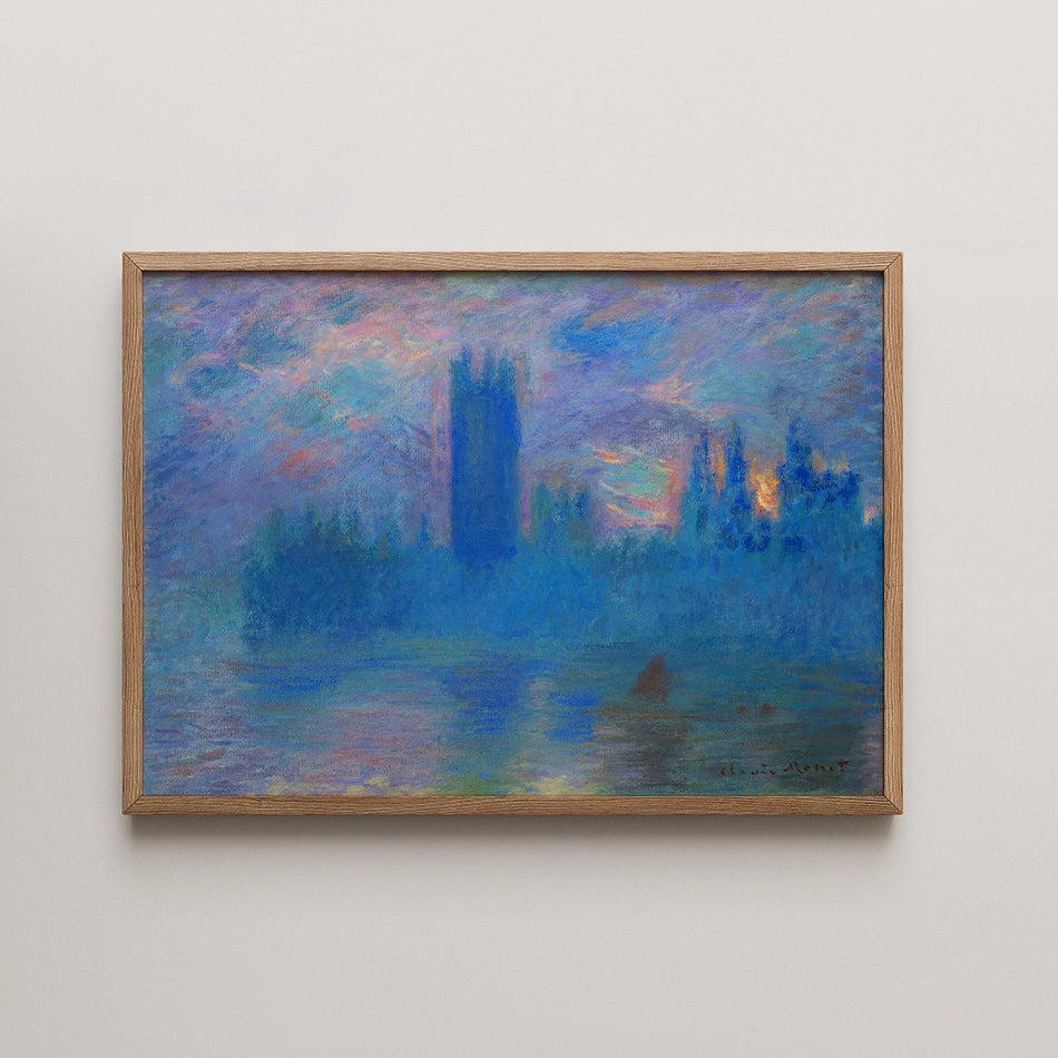 Framed painting featuring a blue-toned depiction of a cityscape with a river, inspired by Impressionist style.
