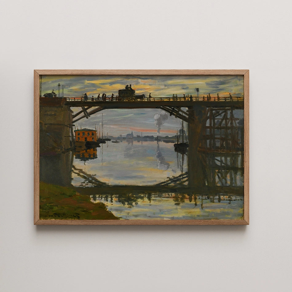 Painting of a bridge at sunset with reflections in the water, featuring silhouettes of people and boats beneath a cloudy sky, framed in natural wood.