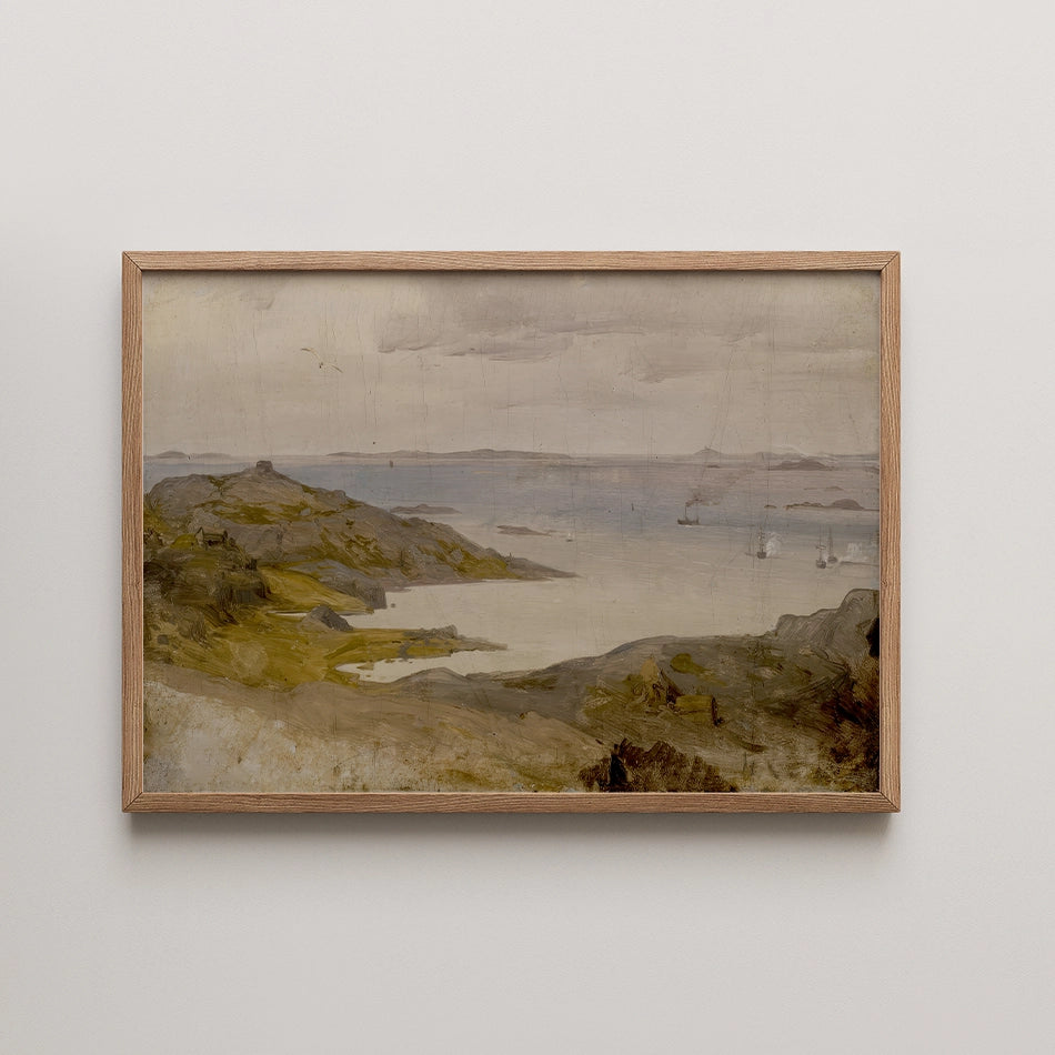 Landscape painting featuring a coastal scene with hills and distant ships, framed in natural wood.