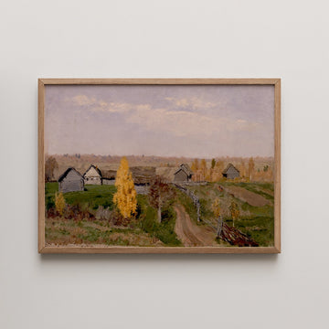 Framed painting of a rural landscape featuring autumn trees and wooden houses under a pastel sky.