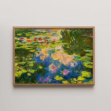 Framed painting of colorful water lilies on a serene pond, featuring vibrant greens, pinks, and blues.