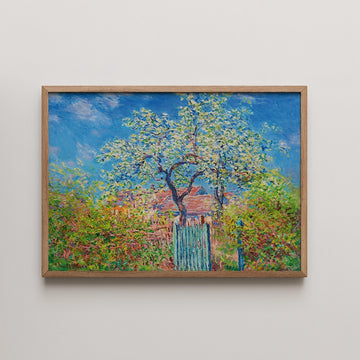 Framed painting of a vibrant landscape featuring a tree and a wooden fence against a blue sky.