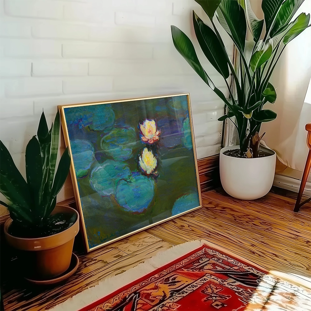 A framed painting of water lilies displayed on a wooden floor next to potted plants in a bright living space.