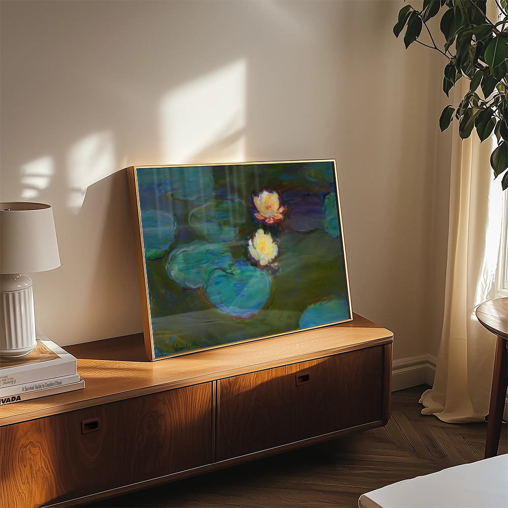 A vibrant painting featuring water lilies on a serene pond, displayed on a wooden console in a well-lit living room setting.
