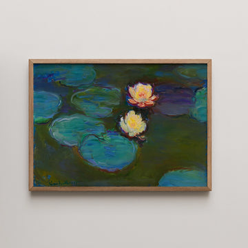Framed painting of water lilies with vibrant colors on a dark background.