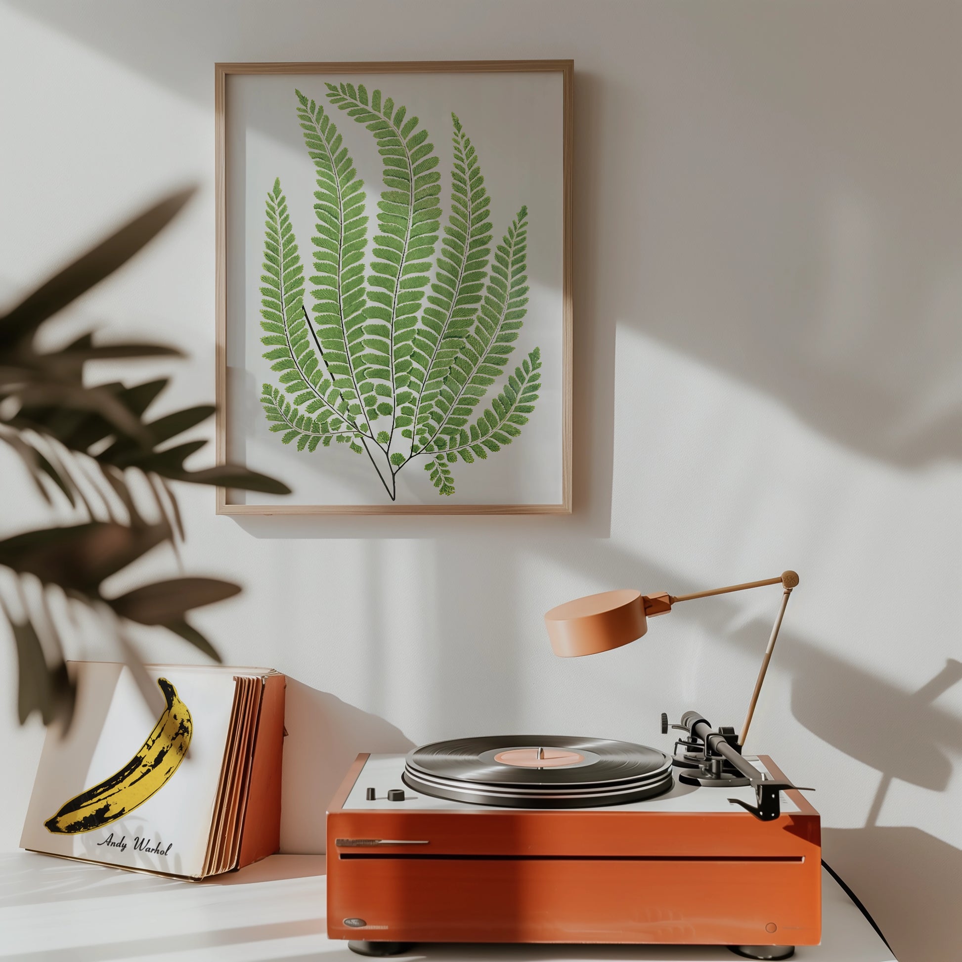 Framed green fern art print hanging above a vintage record player with a contemporary lamp and vinyl records.