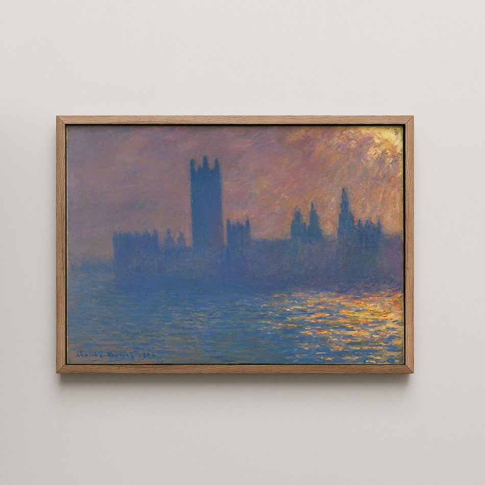 Painting of a city skyline at sunset, featuring soft colors and reflections on water, framed in wood.