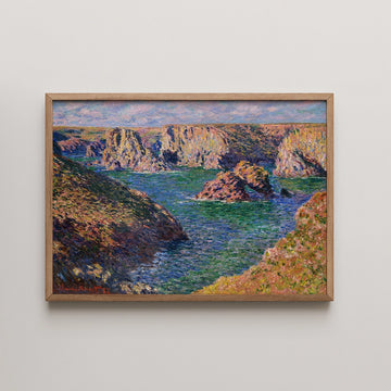 Painting of a coastal landscape with rocky cliffs and vibrant green water, framed in wooden frame.