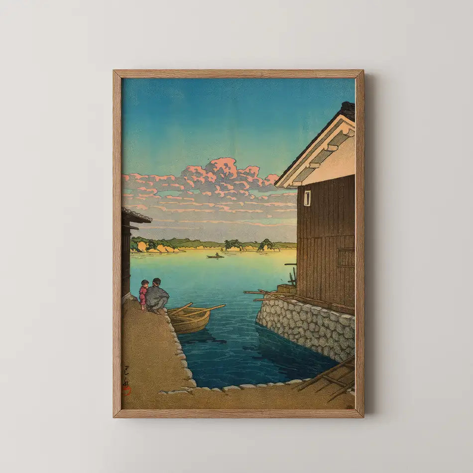 A tranquil landscape painting featuring a serene water scene with a wooden house, a small rowing boat, and two figures sitting by the water's edge under a colorful sky.