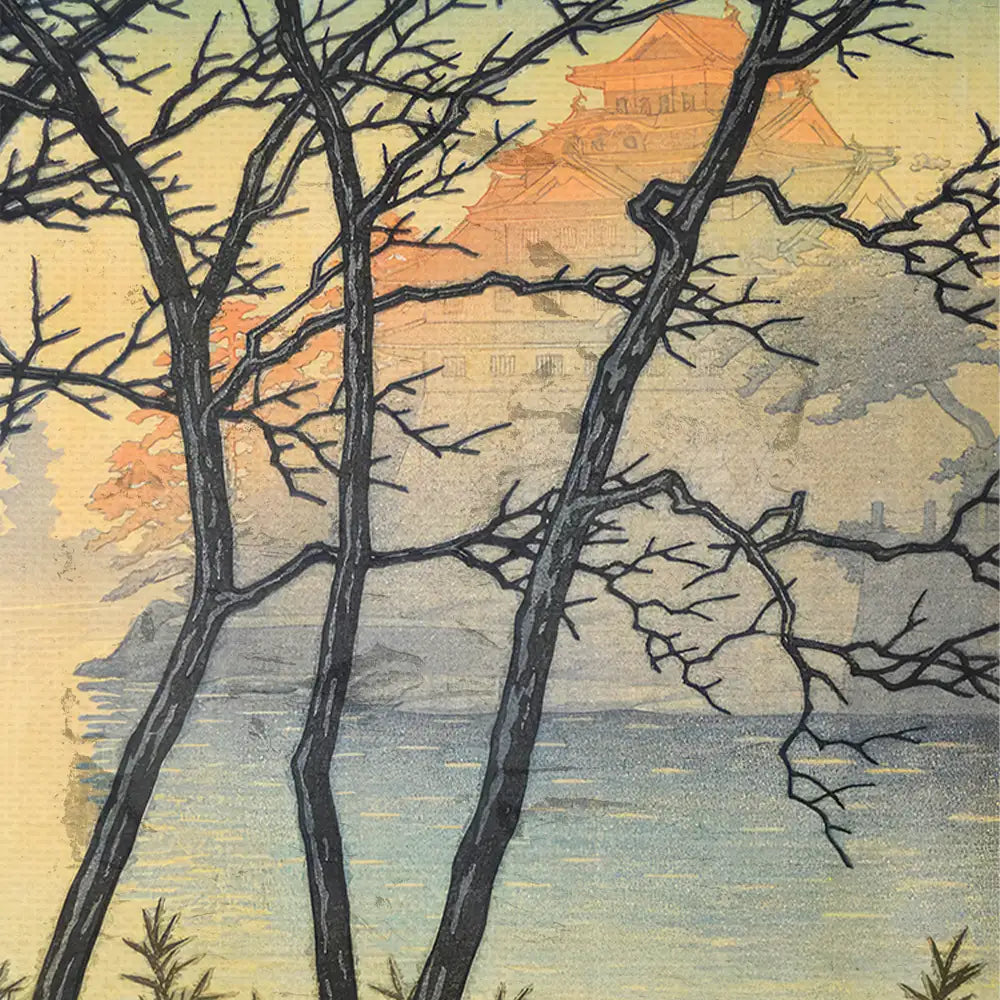 A serene landscape painting featuring bare trees in the foreground with a softly colored background depicting a distant building and water.