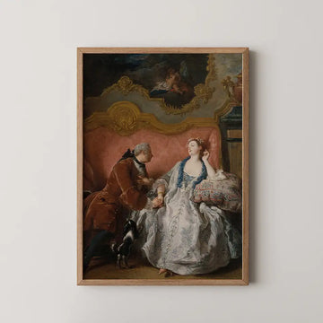 Painting of a couple in a lavish interior, with a woman in a detailed gown and a man in a rich robe, accompanied by a small dog, framed in wood.