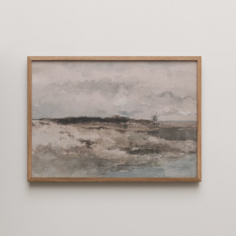 Framed watercolor landscape painting featuring soft earthy tones, clouds, and distant windmill.