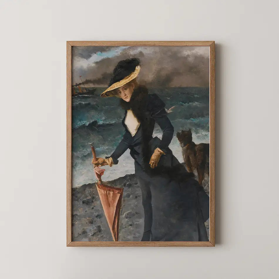 Painting of a woman holding a red umbrella on a beach with dark waves and a cat beside her, framed in a wooden frame.