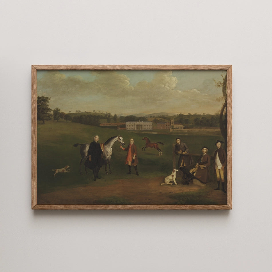 A framed painting depicting a 18th-century scene with gentlemen interacting with horses and dogs in a lush landscape.