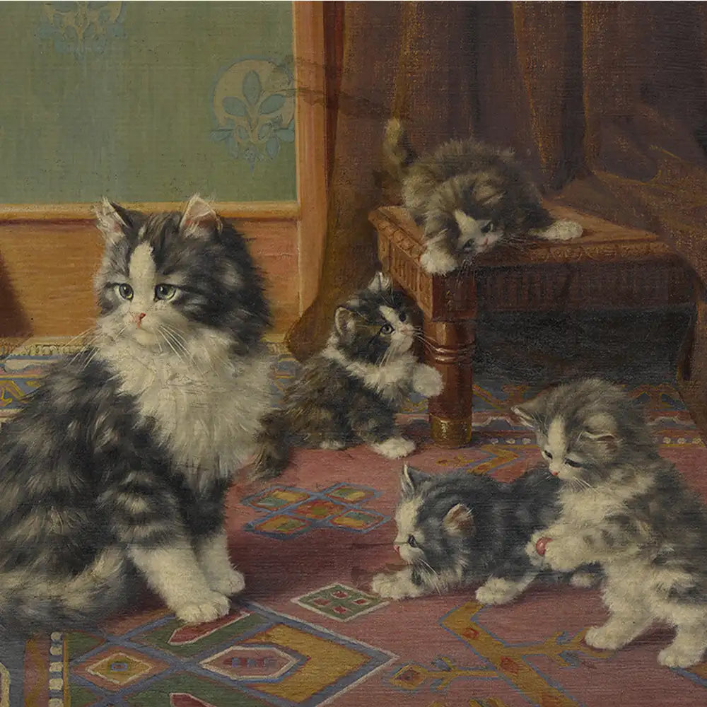 A charming painting featuring a fluffy adult cat and four playful kittens, set on a colorful patterned rug in a cozy indoor environment.