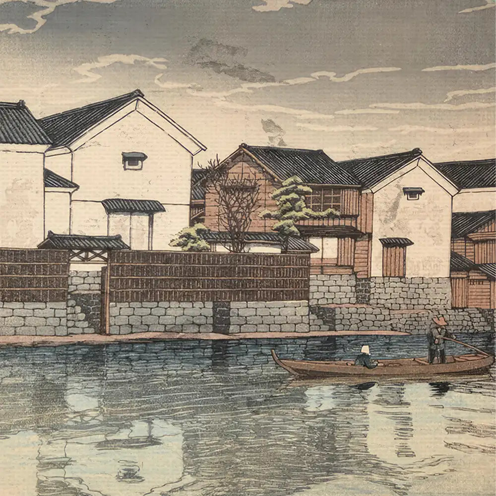 Painting of traditional Japanese houses along a river with a small boat and two figures, featuring a serene sky and detailed architecture.