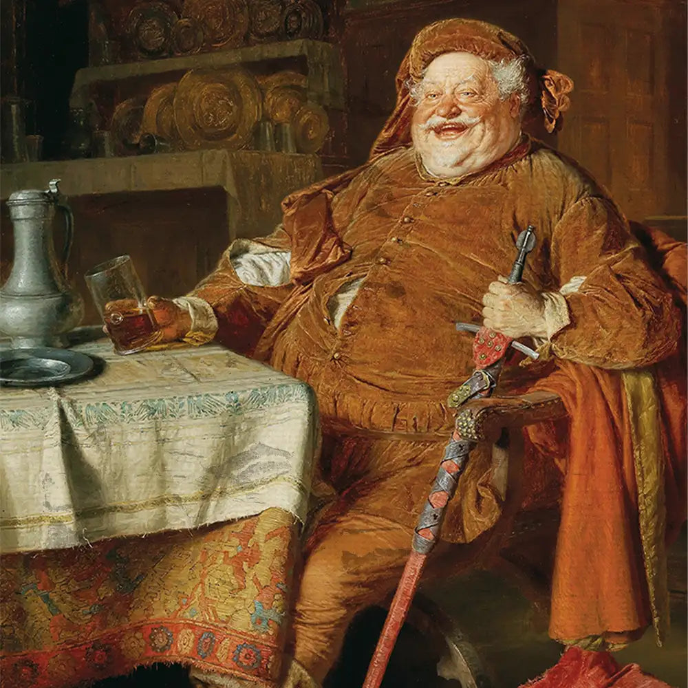 Reproduction of a classic painting depicting a jovial man in elaborate clothing sitting at a table with a beer mug, a sword, and a decorative tablecloth.