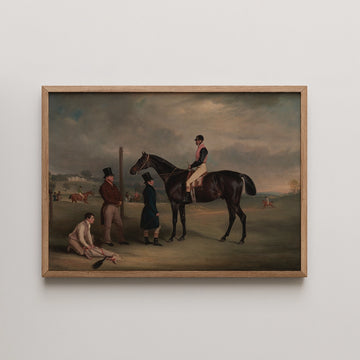 Painting of a horse with a jockey, two gentlemen in formal attire, and a man kneeling on the ground, set in an outdoor landscape with people and horses in the background.