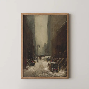 Framed painting of a snowy street scene with vintage cars and people in a cityscape.