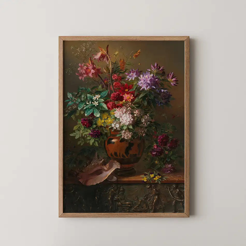 Floral still life painting in a wooden frame, featuring a vibrant arrangement of various flowers in a decorative vase against a muted background.