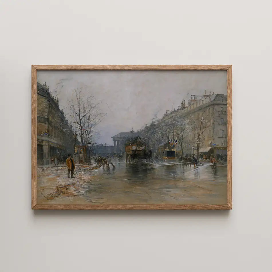 Painting of a winter street scene featuring horse-drawn carriages and figures walking along a snow-covered street, framed in light wood.