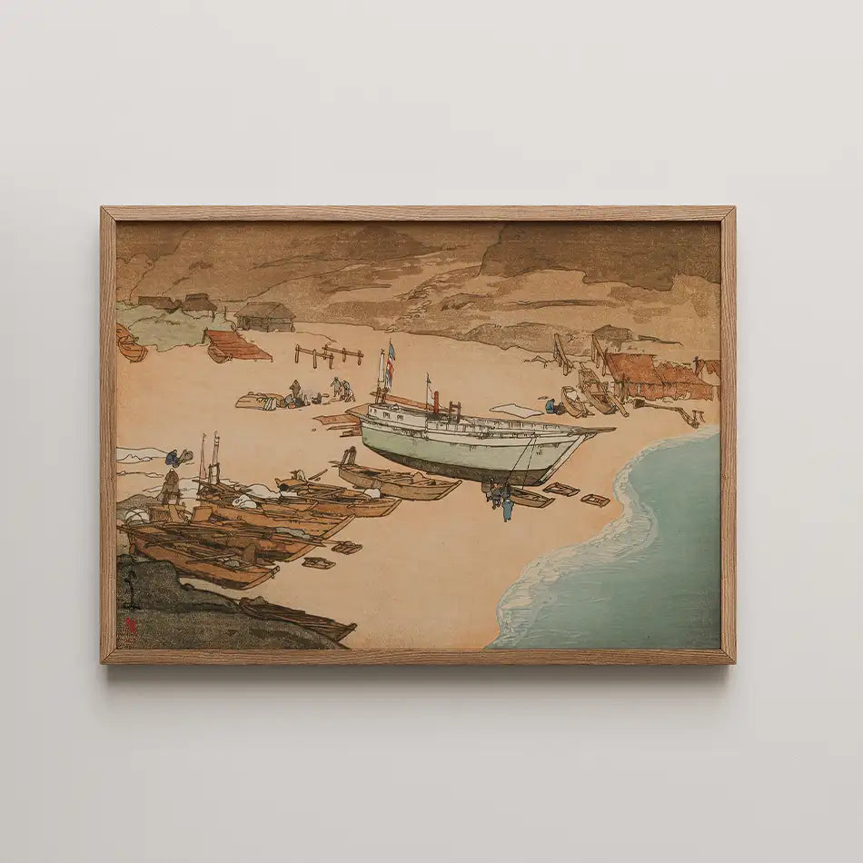Framed painting of a beach scene featuring a boat, sandy shore, and fishermen with fishing equipment.