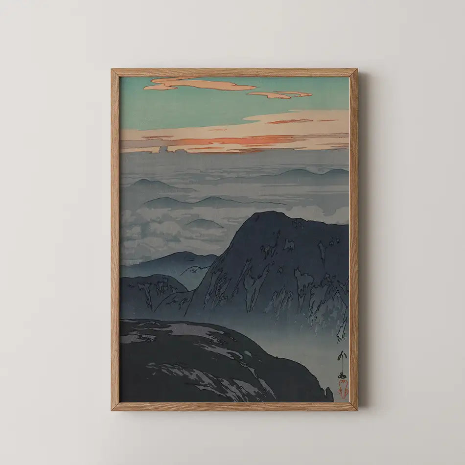 Framed painting of mountain landscape at dusk with soft pastel colors and a serene atmosphere.