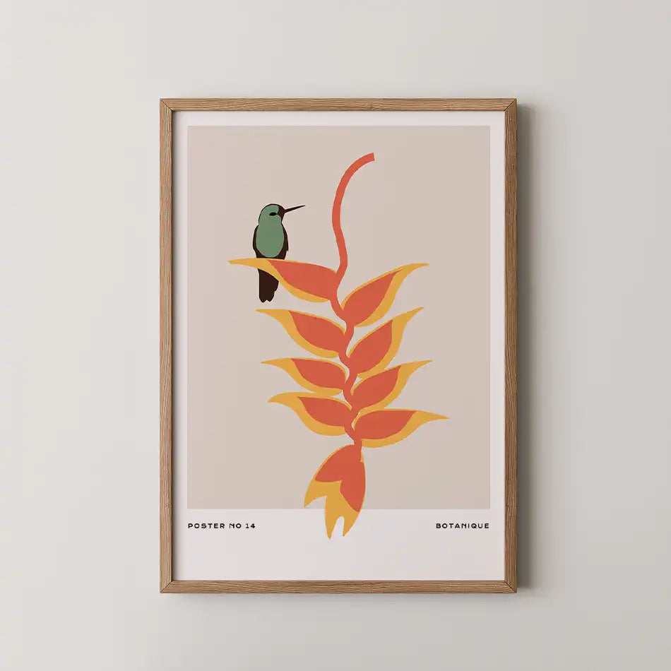Stylish art print featuring a graceful hummingbird perched on vibrant heliconia leaves in bold orange and yellow colors, set against a subtle beige background with modern typography 'BOTANIQUE' at the bottom."