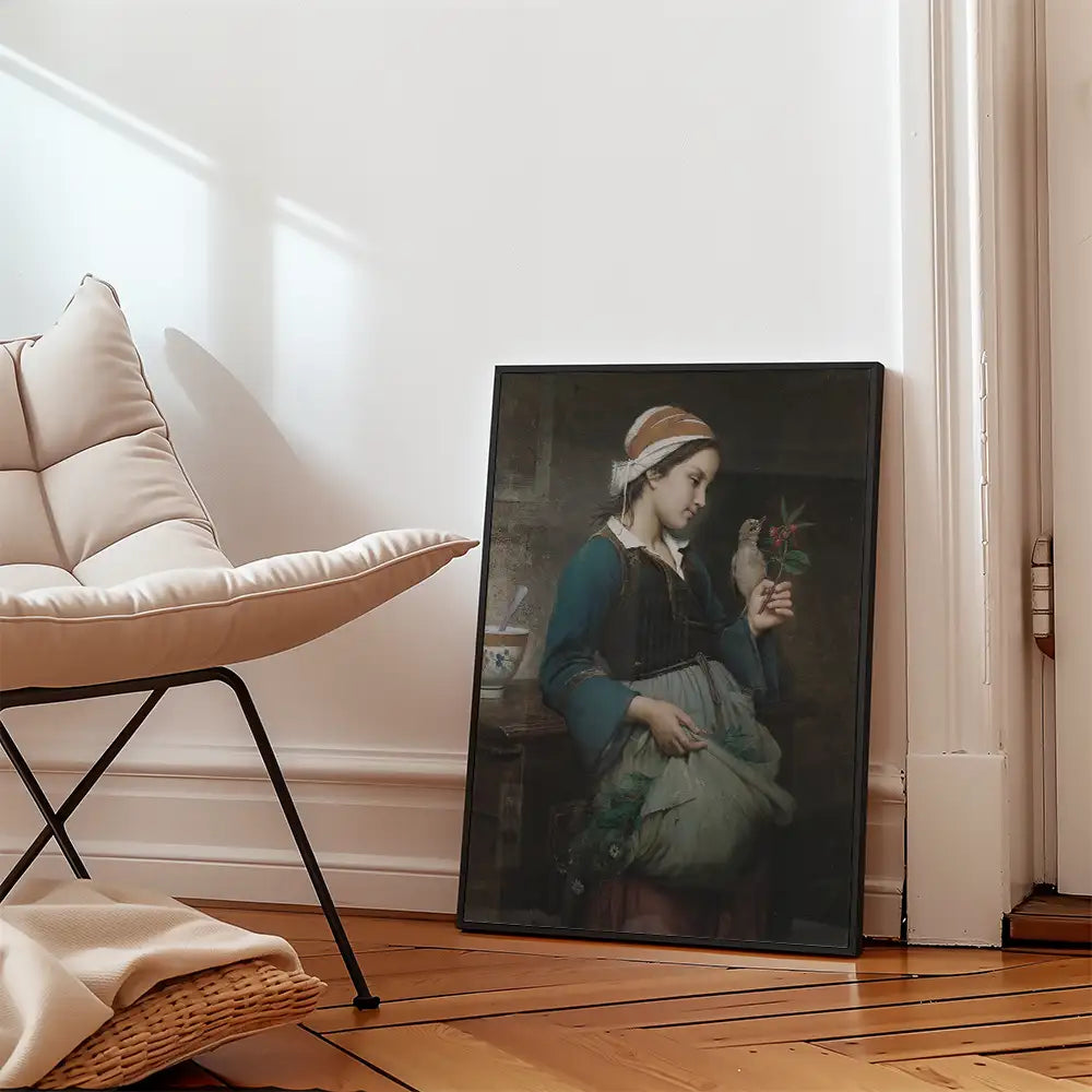 Framed painting of a young girl holding a flower and a small bird, displayed beside a modern chair in a bright room.