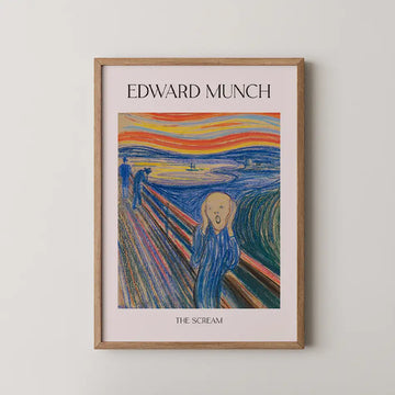 Framed poster of "The Scream" by Edward Munch, featuring a figure screaming against a colorful, swirling background.