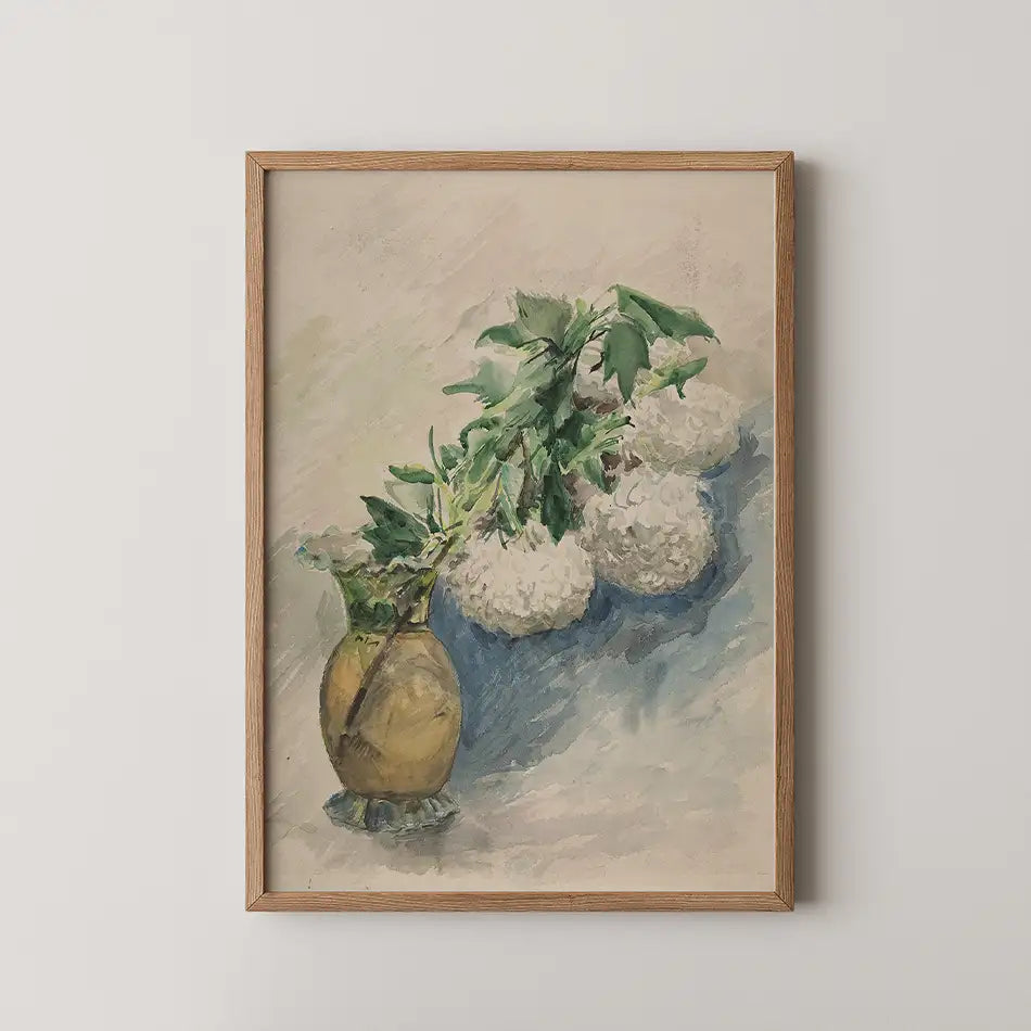 Painting of a vase with white flowers and green leaves against a soft blue background, framed in a wooden frame.