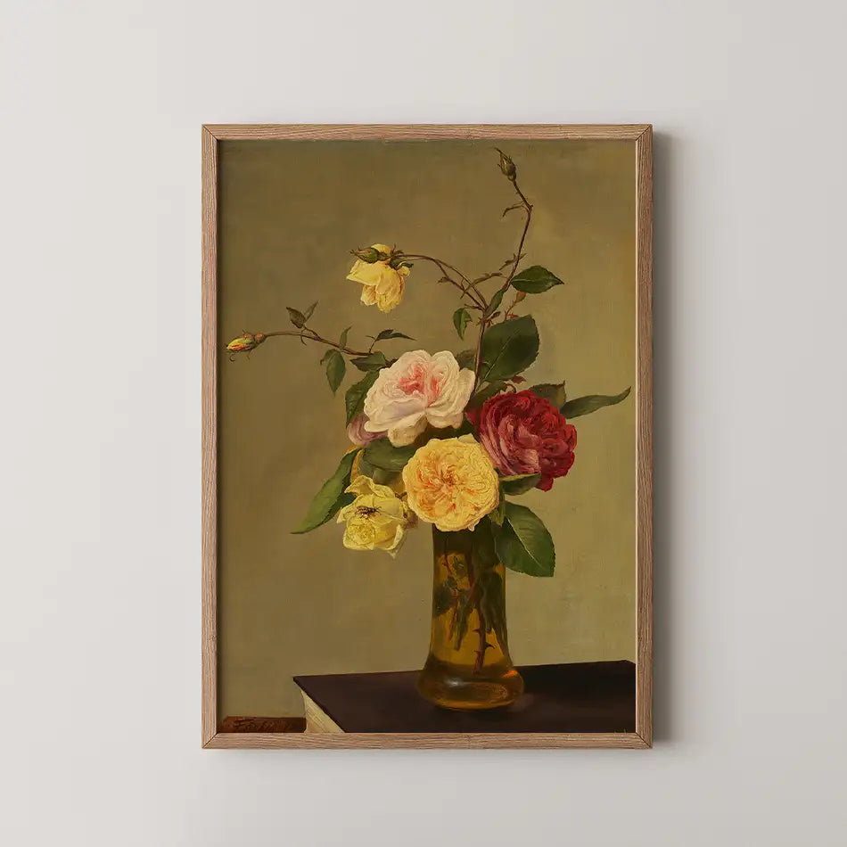 Painting of a bouquet of colorful roses in a glass vase with a neutral background, framed in wood.