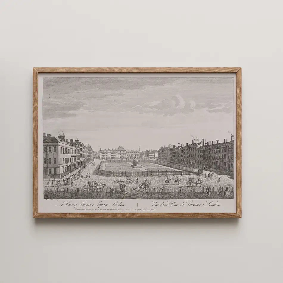 Framed vintage engraving of Lincoln's Inn Fields in London, depicting buildings, figures, and horse-drawn carriages.