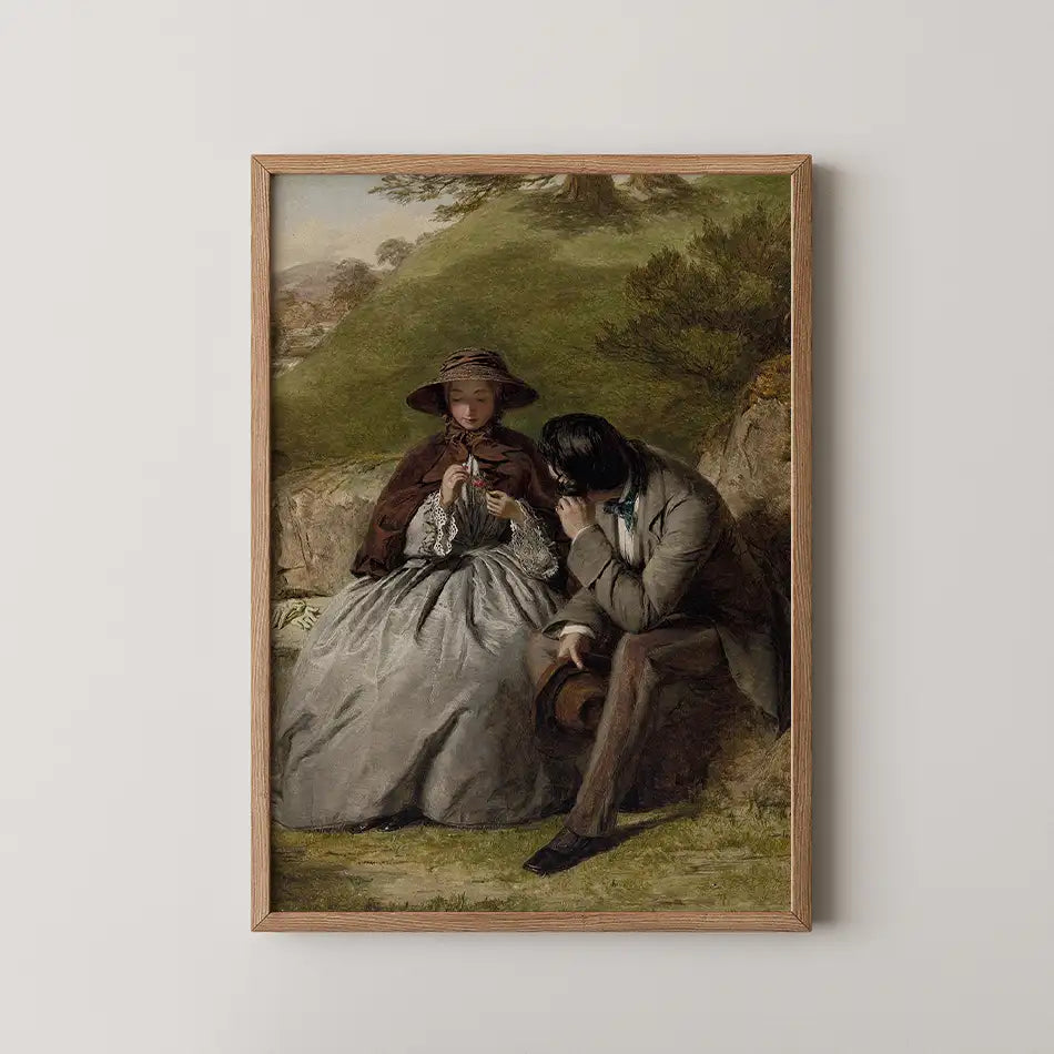 Framed painting of a woman in a bonnet and man in a suit sitting on a grassy hill, depicting a moment of conversation.