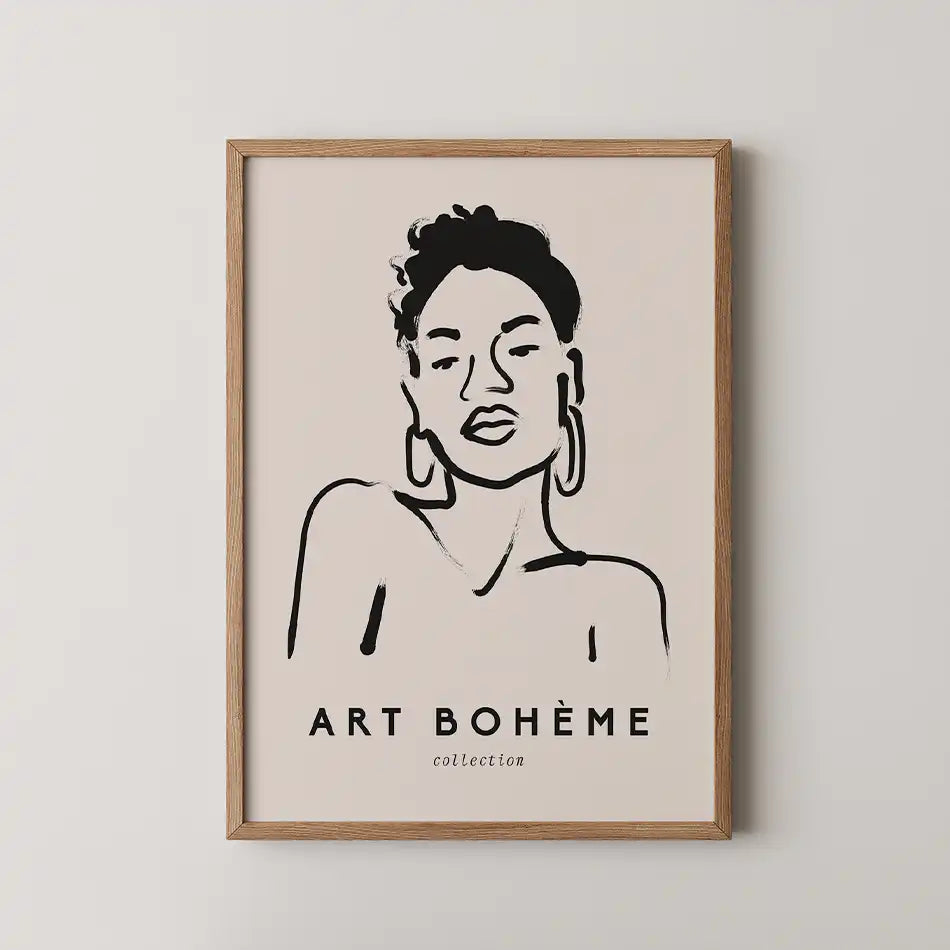 Bold Portrait art print from the Bohemian Collection featuring minimalist line art of a confident figure with elegant flowing lines in black on a soft neutral background"