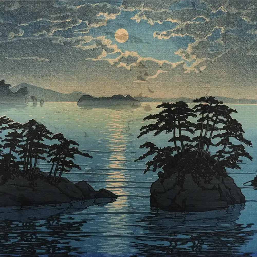 Moonlit landscape painting with trees and islands reflecting on water under a cloudy sky.