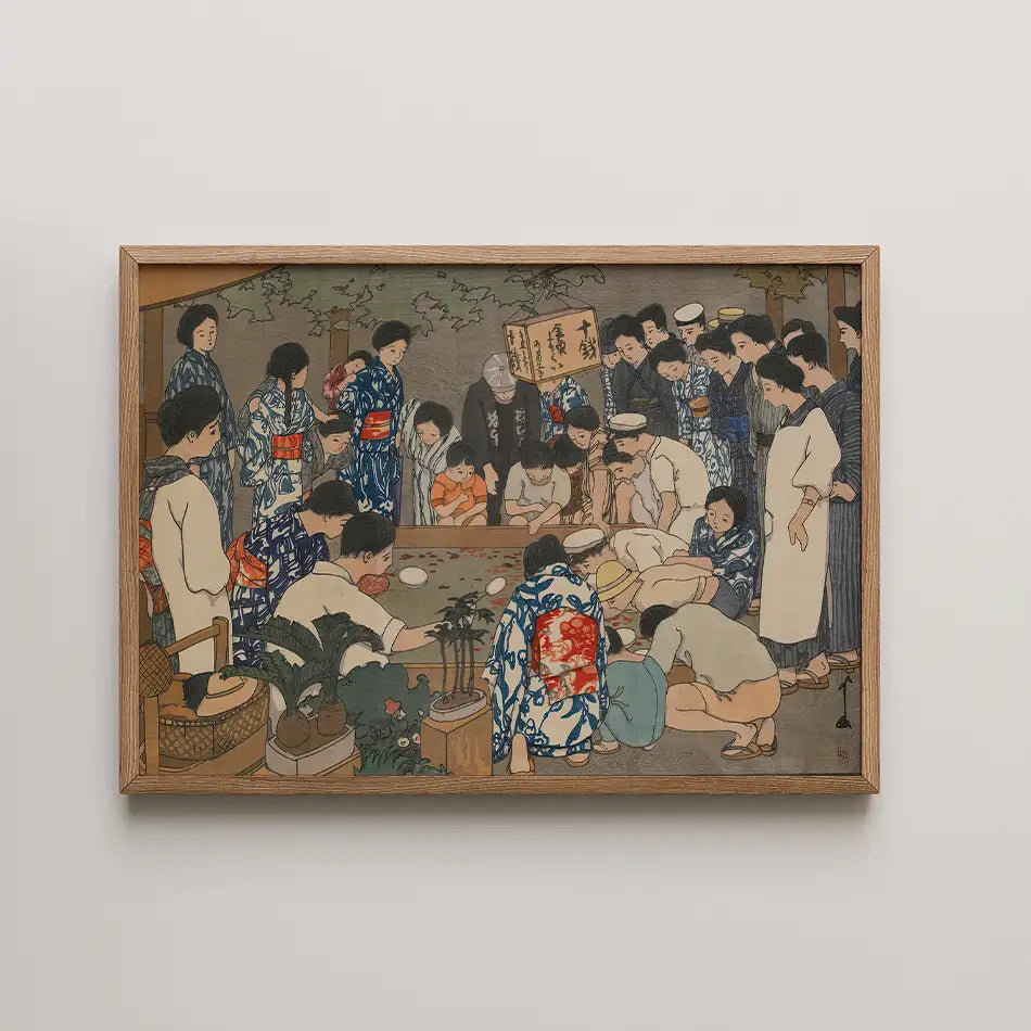 Folk gathering painting featuring people wearing traditional Japanese clothing, engaged in a communal activity surrounded by nature.